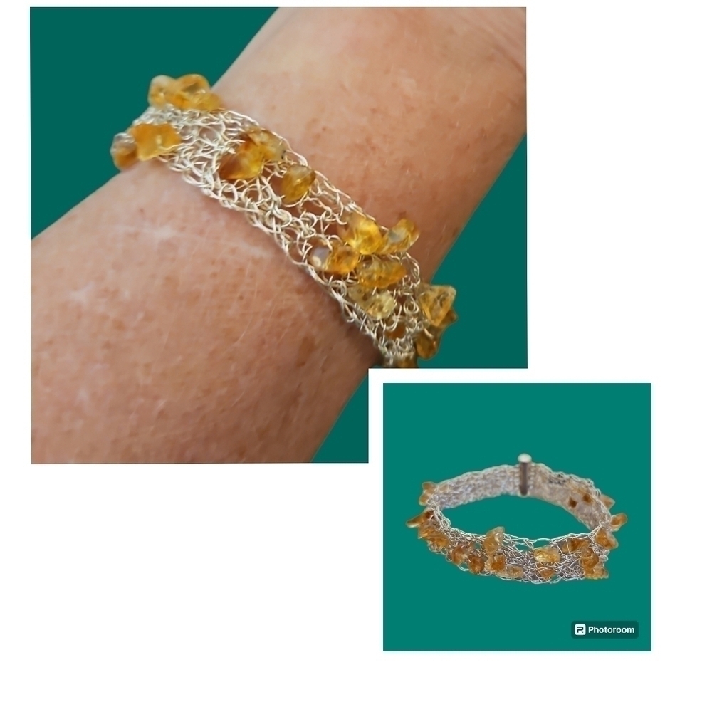 Vintage Sterling Silver Wire Wrapped Birdnest Amber Chip Bracelet